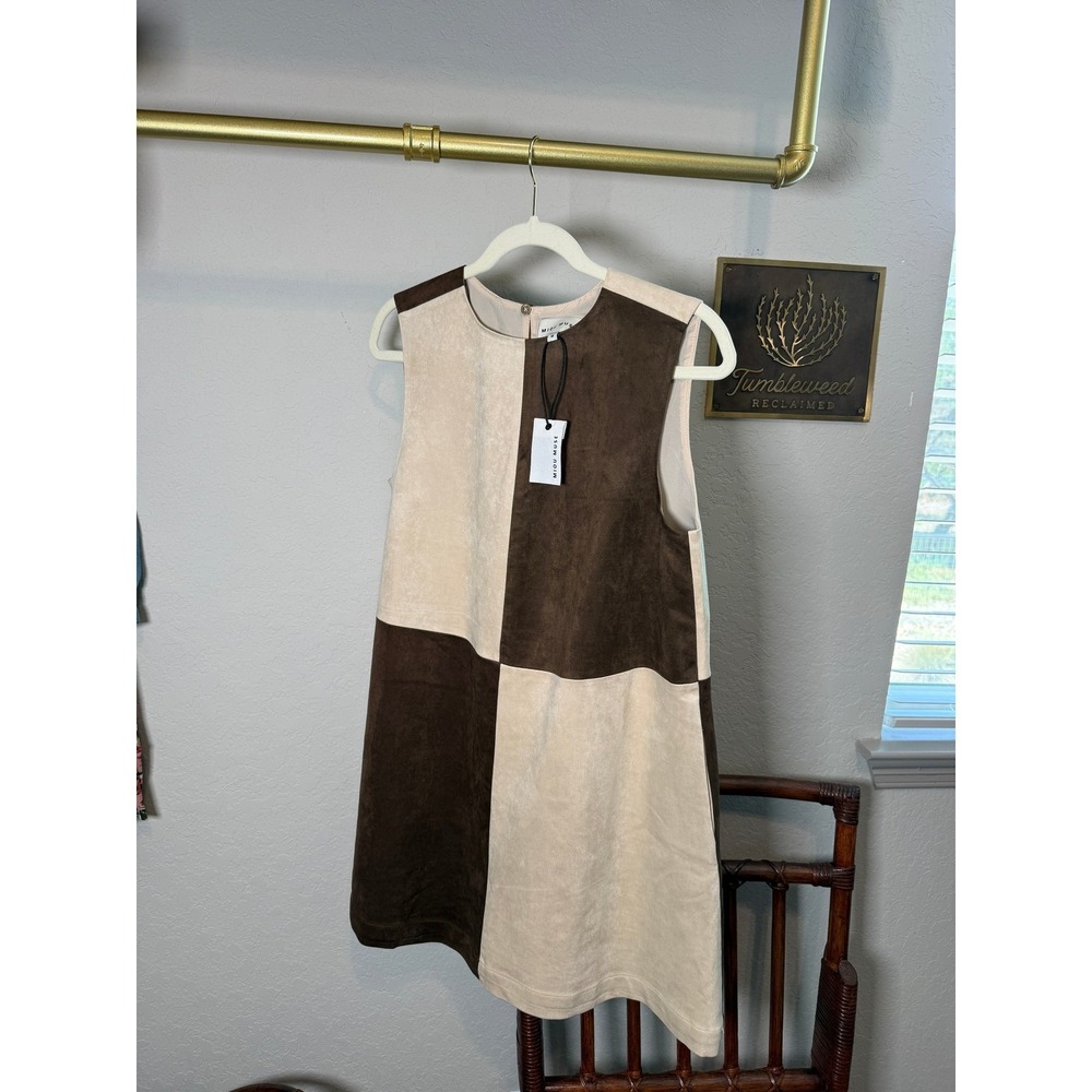 Miou Muse Womens Brown Cream Colorblock Faux Suede Checkerboard Mini Dress M NEW - Picture 2 of 9